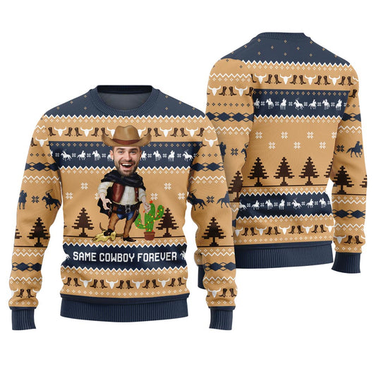 Christmas Sweater Custom Face Same Cowboy Forever Navy