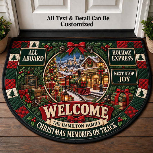 Christmas Toy Train Station Personalized Half Round Mat | 5To9Vibe