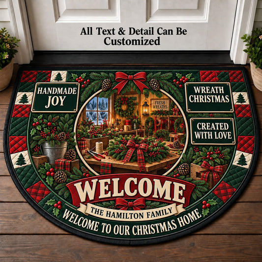Christmas Wreath Workshop Personalized Half Round Mat | 5To9Vibe