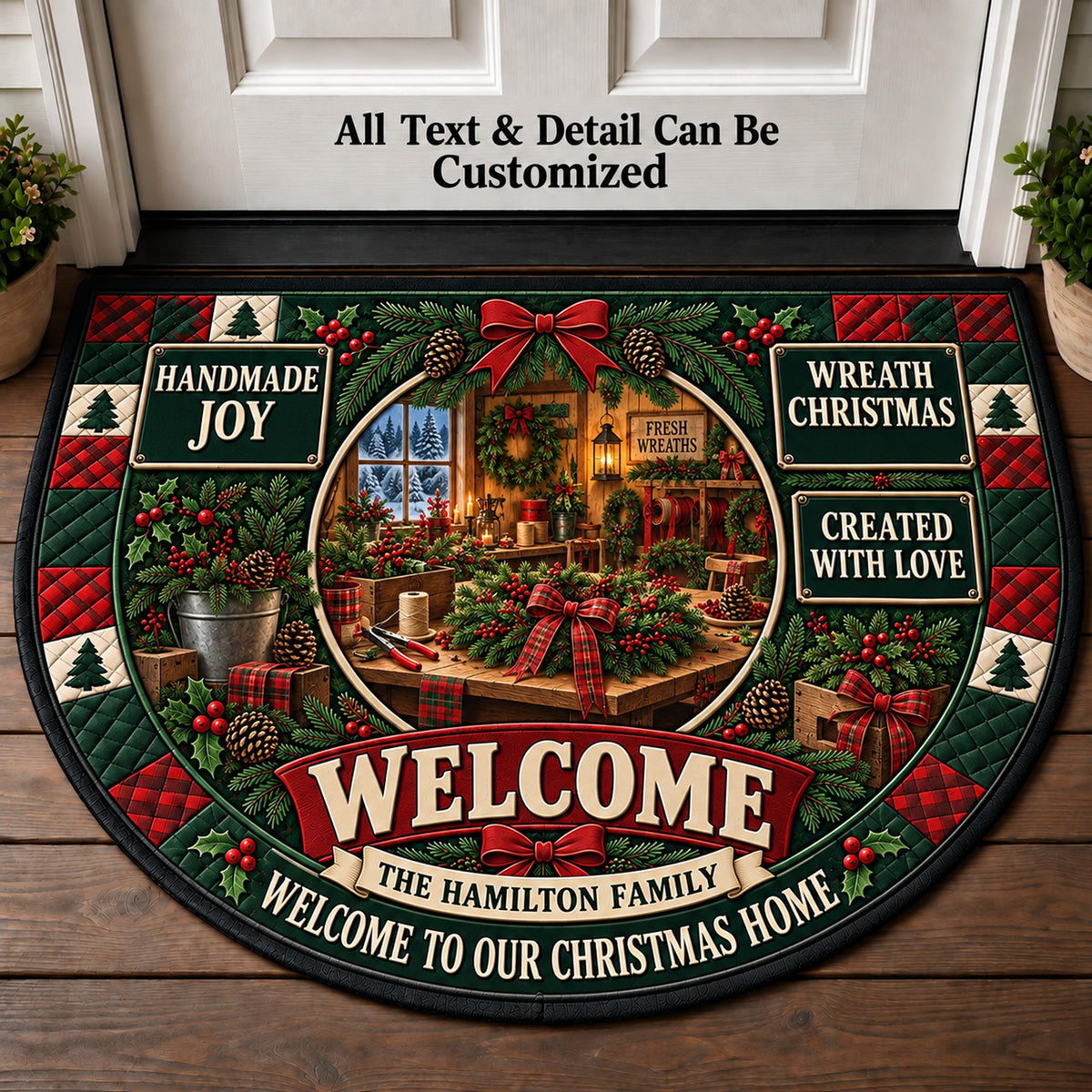 Christmas Wreath Workshop Personalized Half Round Mat | 5To9Vibe