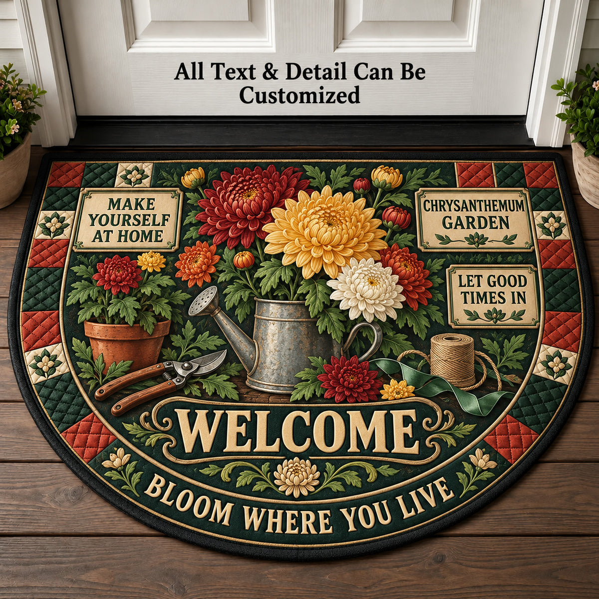 Chrysanthemum Garden Personalized Half Round Mat | 5To9Vibe