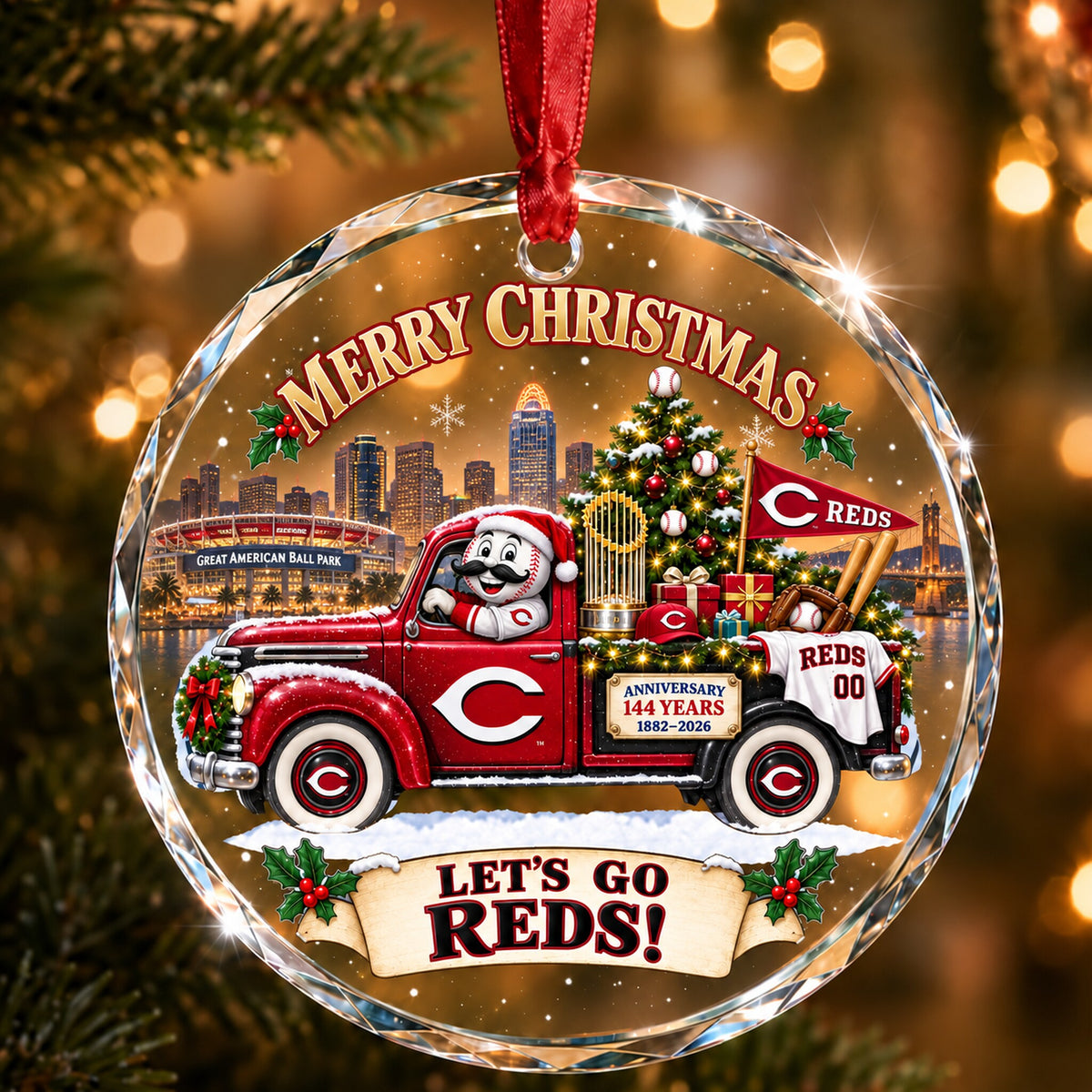 All Baseball Teams Christmas Truck Round Glass Ornament  With Red Gift Box | 5to9vibe