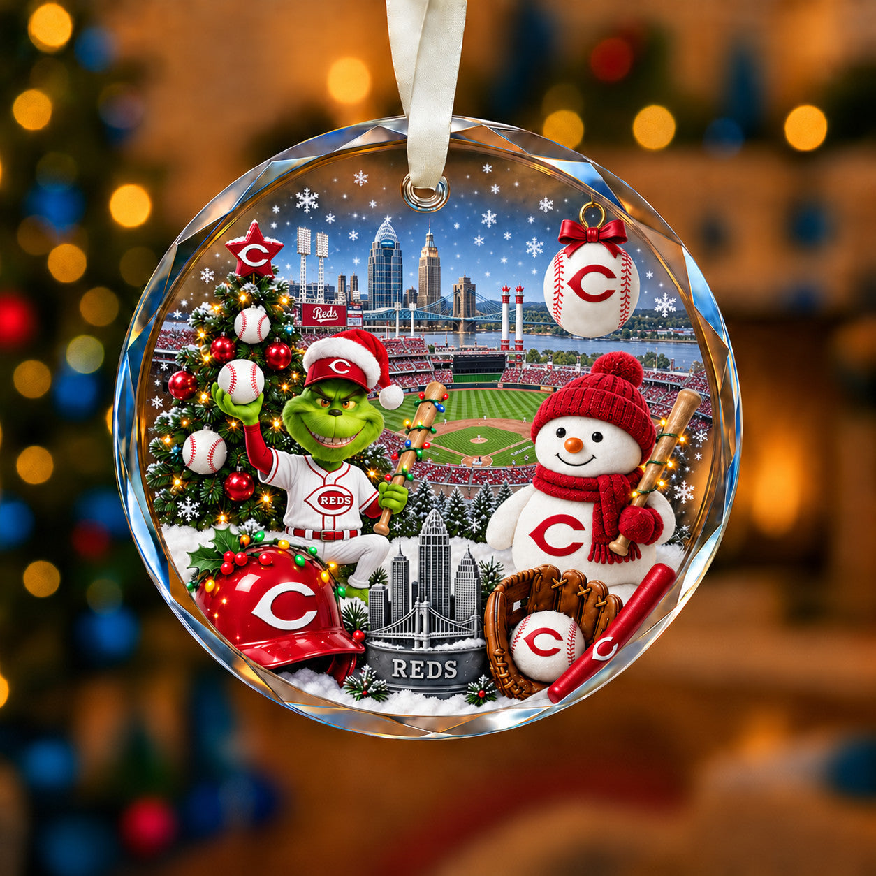 Adorno de vidrio de béisbol, 3 unidades con caja de regalo, equipo de béisbol de Navidad - Adorno de vidrio
