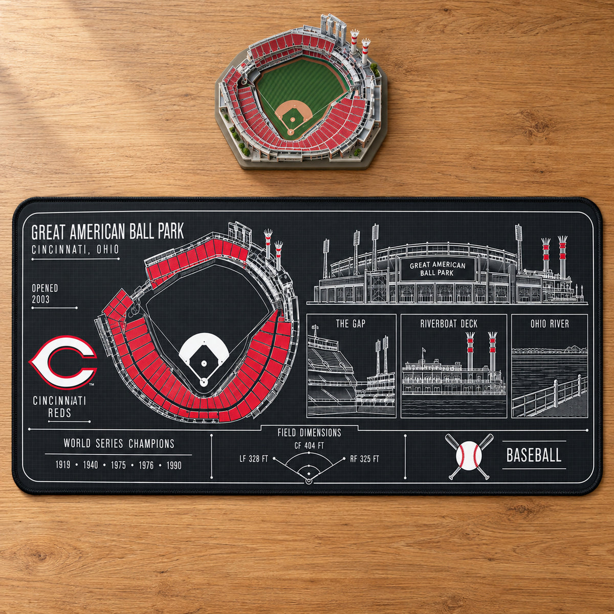Cincinnati Reds Great American Ball Park blueprint desk mat, 16" x 32", on a wooden desk with a decorative stadium model