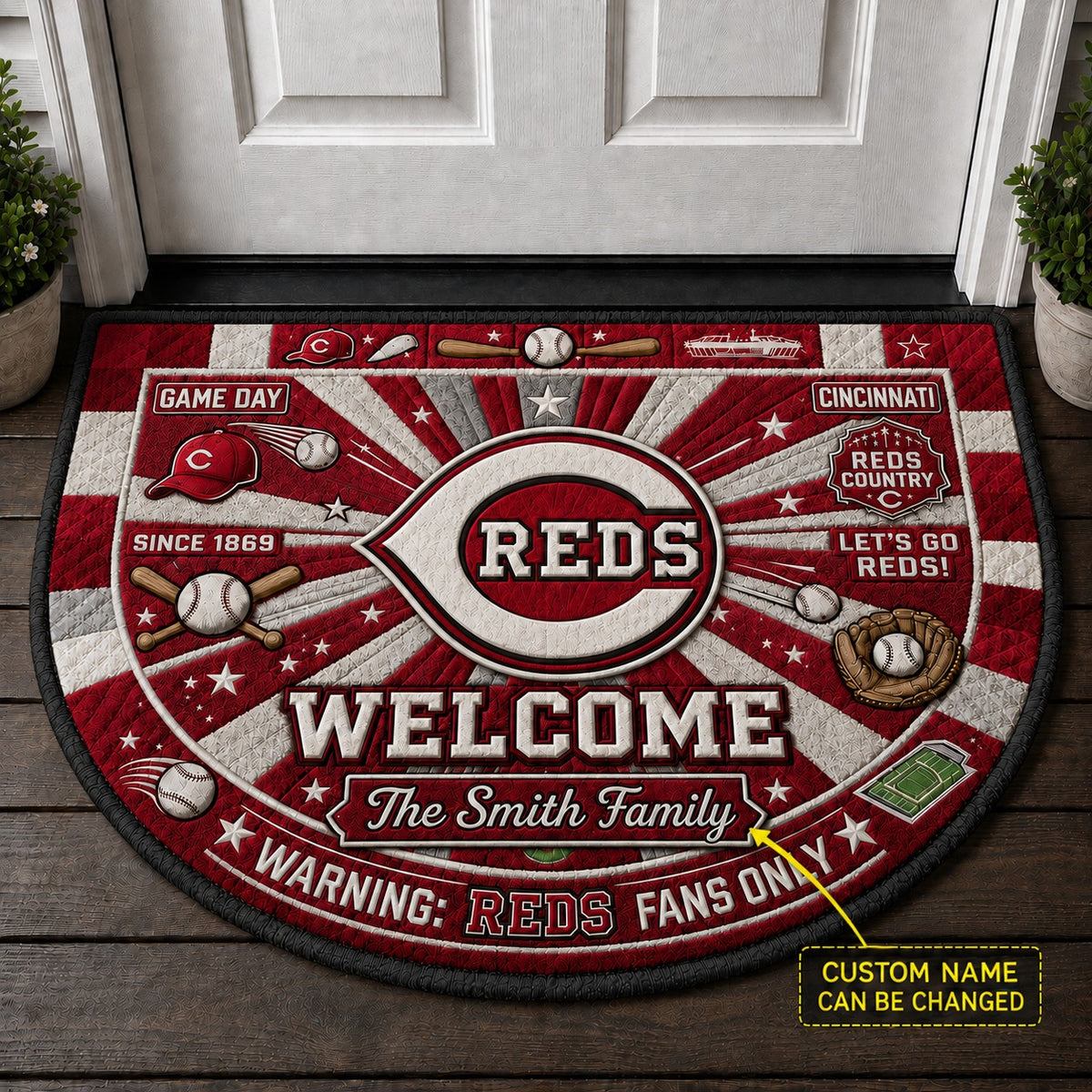 Official-Inspired Baseball Fan Custom Quilted Print Premium Welcome Mat Washable Black Border – Personalized Baseball Doormat