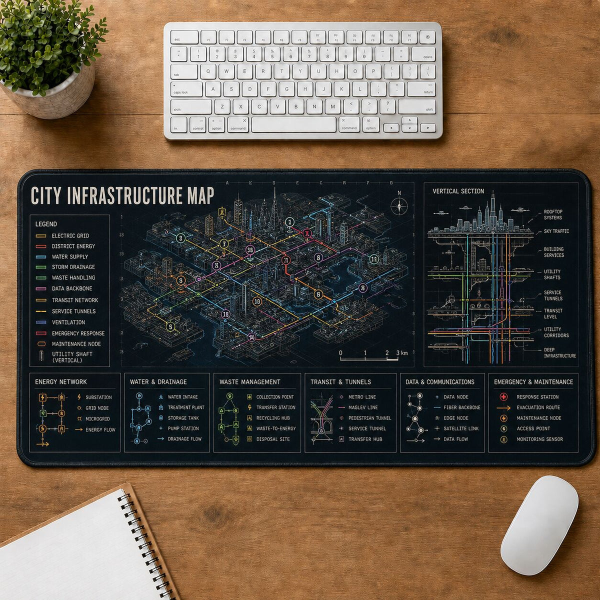 City Infrastructure Map Futuristic Technical Guide Desk Mat | 5To9Vibe