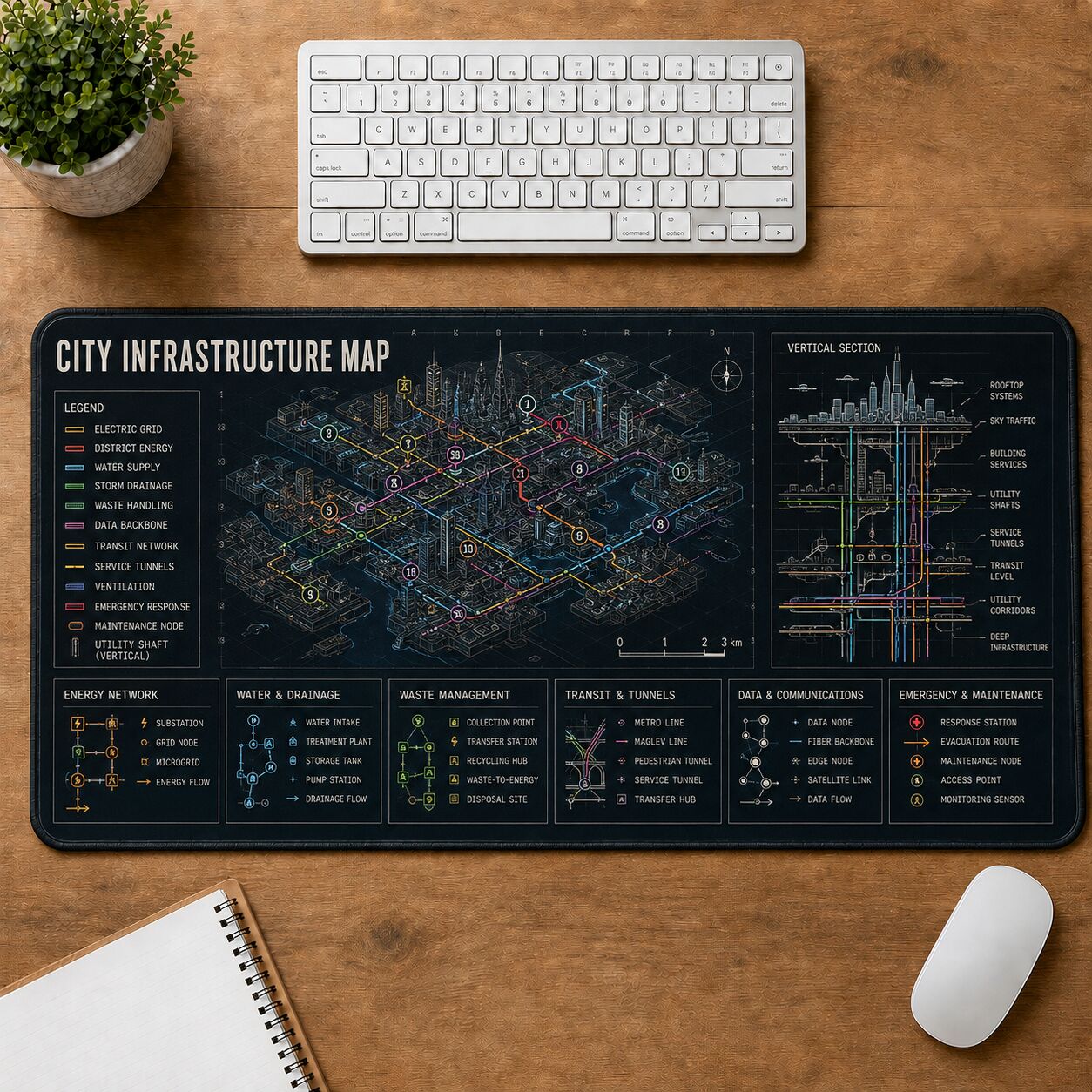 City Infrastructure Map Futuristic Technical Guide Desk Mat | 5To9Vibe