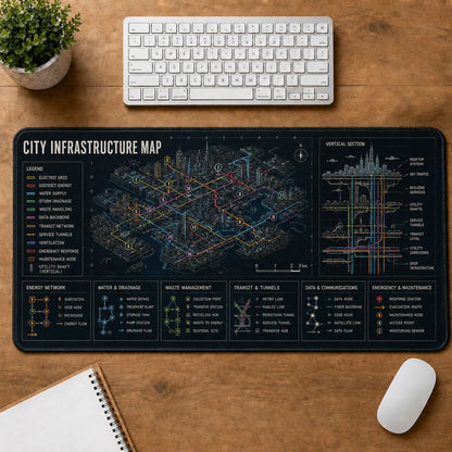 City Infrastructure Map Futuristic Technical Guide Desk Mat | 5To9Vibe