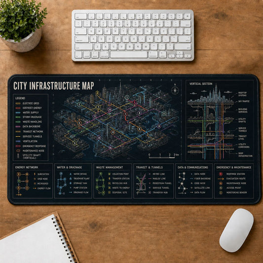 City Infrastructure Map Futuristic Technical Guide Desk Mat | 5To9Vibe