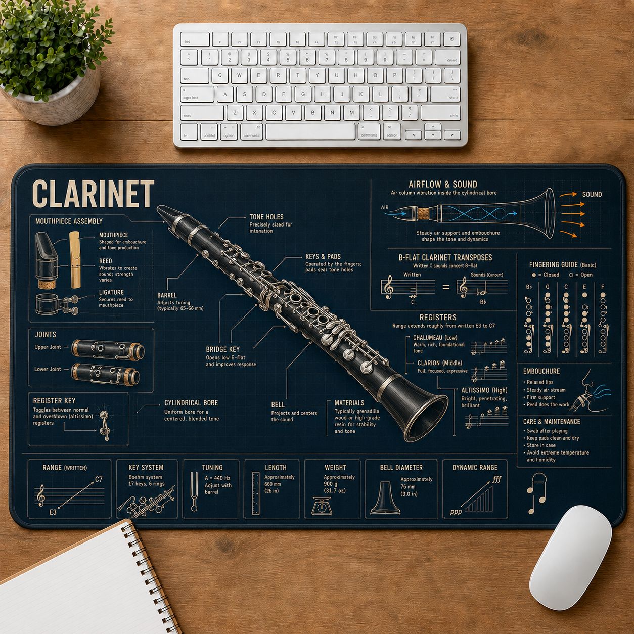 Clarinet Musical Instrument Blueprint Guide Desk Mat | 5To9Vibe