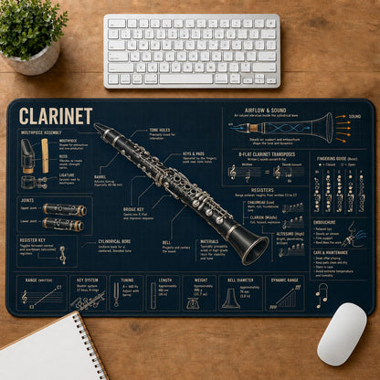 Clarinet Musical Instrument Blueprint Guide Desk Mat | 5To9Vibe