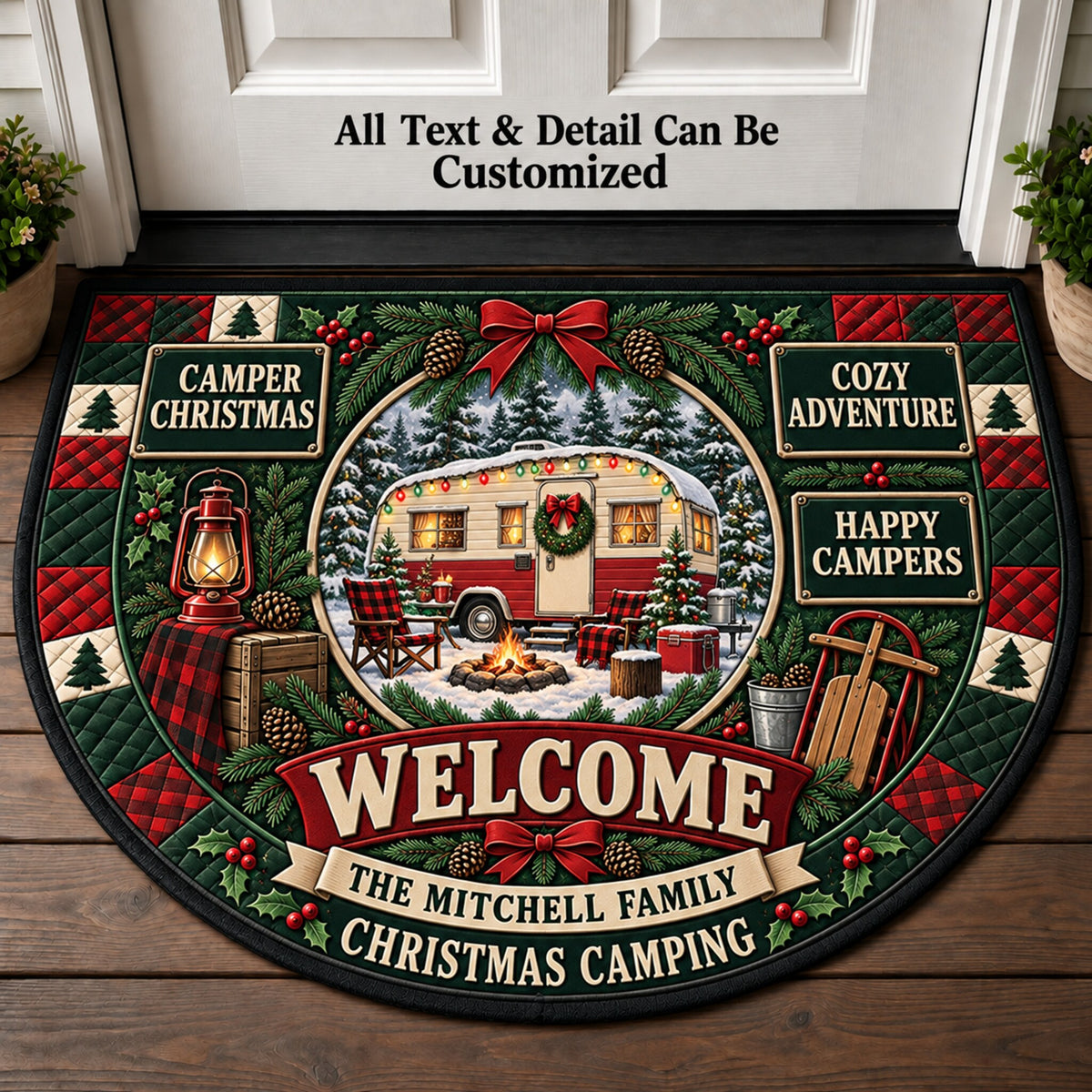 Classic Camper Christmas Personalized Half Round Mat | 5To9Vibe