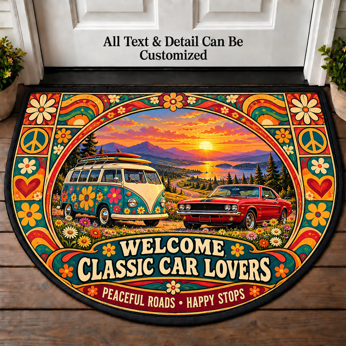 Flower Power Vintage Van - Classic Car Lovers Personalized Half Round Mat | 5To9Vibe