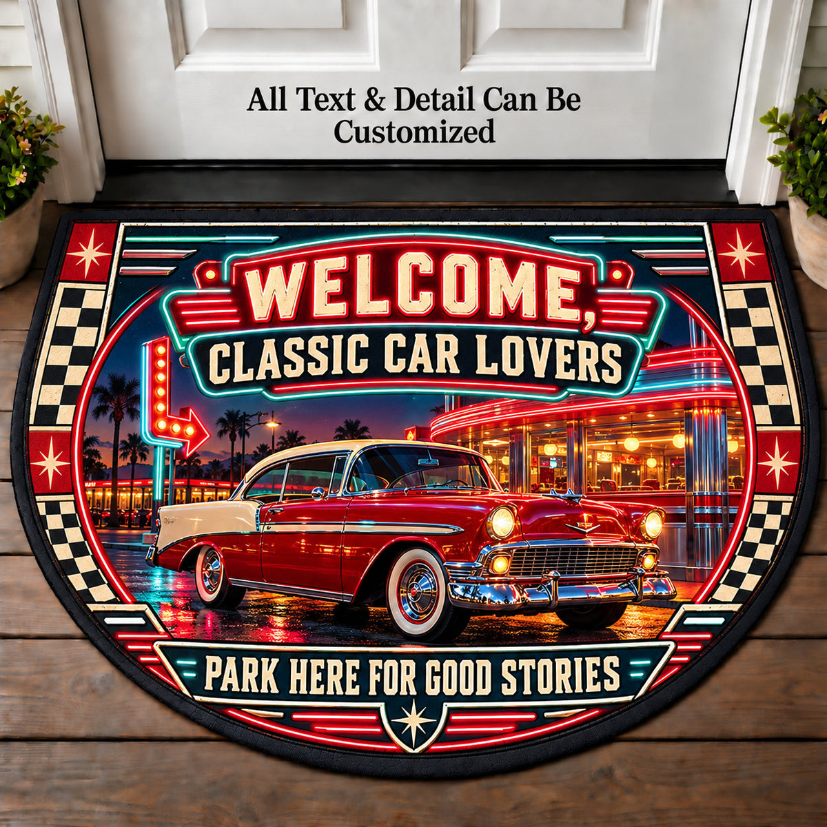 Neon Diner - Classic Car Lovers Personalized Half Round Mat | 5To9Vibe