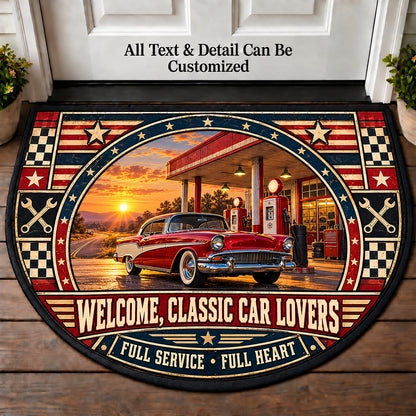 Old Service Station - Classic Car Lovers Personalized Half Round Mat | 5To9Vibe