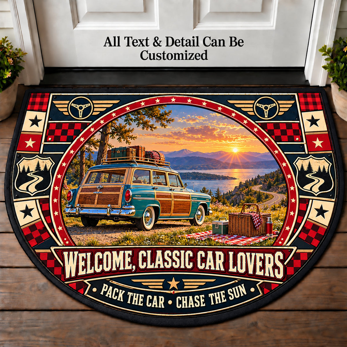 Picnic Road Trip - Classic Car Lovers Personalized Half Round Mat | 5To9Vibe