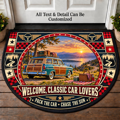 Picnic Road Trip - Classic Car Lovers Personalized Half Round Mat | 5To9Vibe