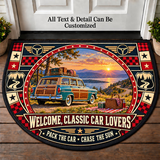 Picnic Road Trip - Classic Car Lovers Personalized Half Round Mat | 5To9Vibe