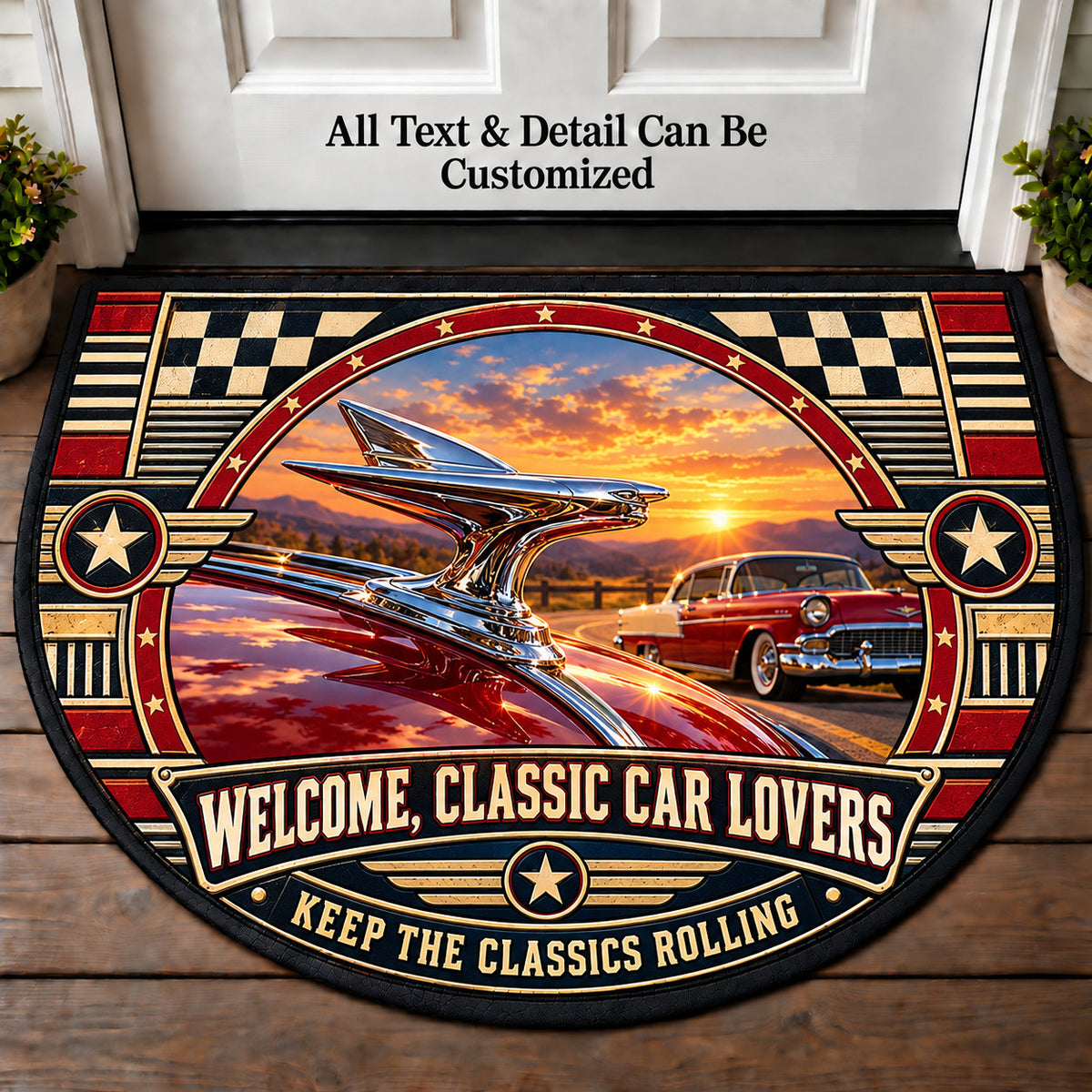 Polished Hood Ornament - Classic Car Lovers Personalized Half Round Mat | 5To9Vibe