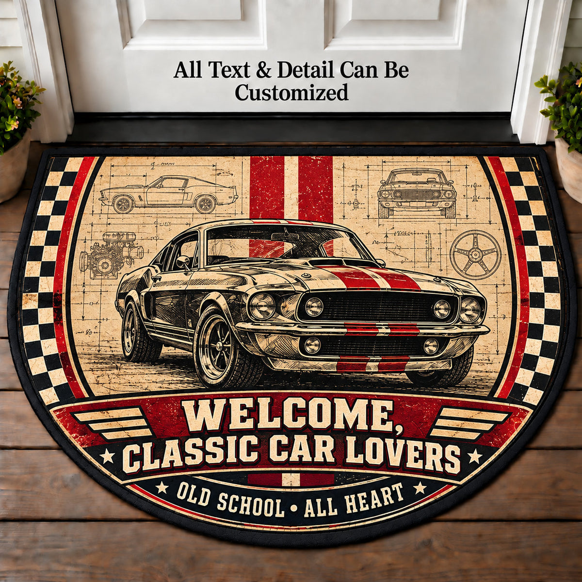 Racing Stripe Sketch - Classic Car Lovers Personalized Half Round Mat | 5To9Vibe
