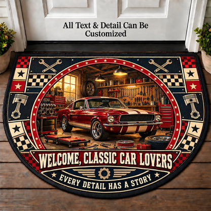 Restoration Workshop - Classic Car Lovers Personalized Half Round Mat | 5To9Vibe