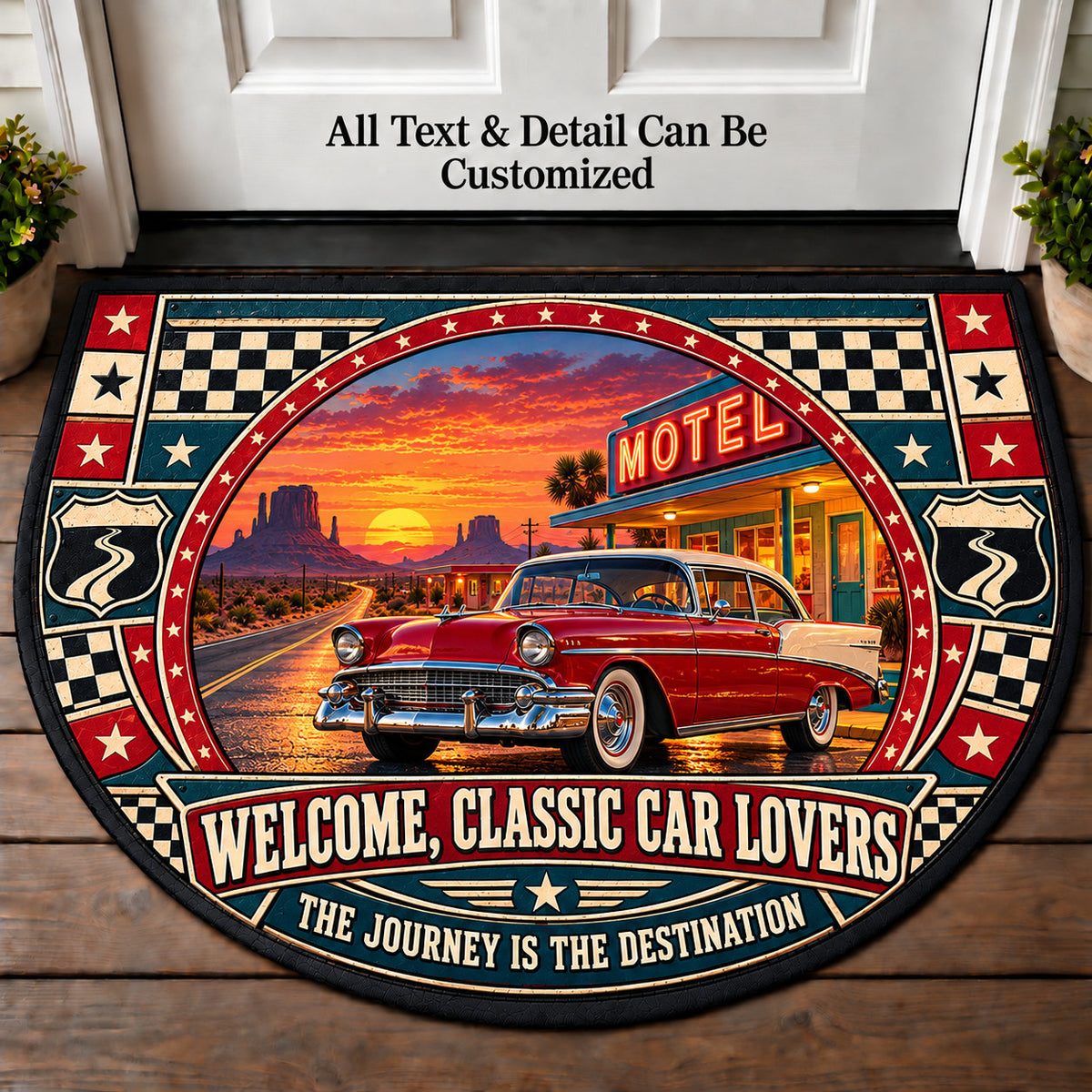 Roadside Motel - Classic Car Lovers Personalized Half Round Mat | 5To9Vibe