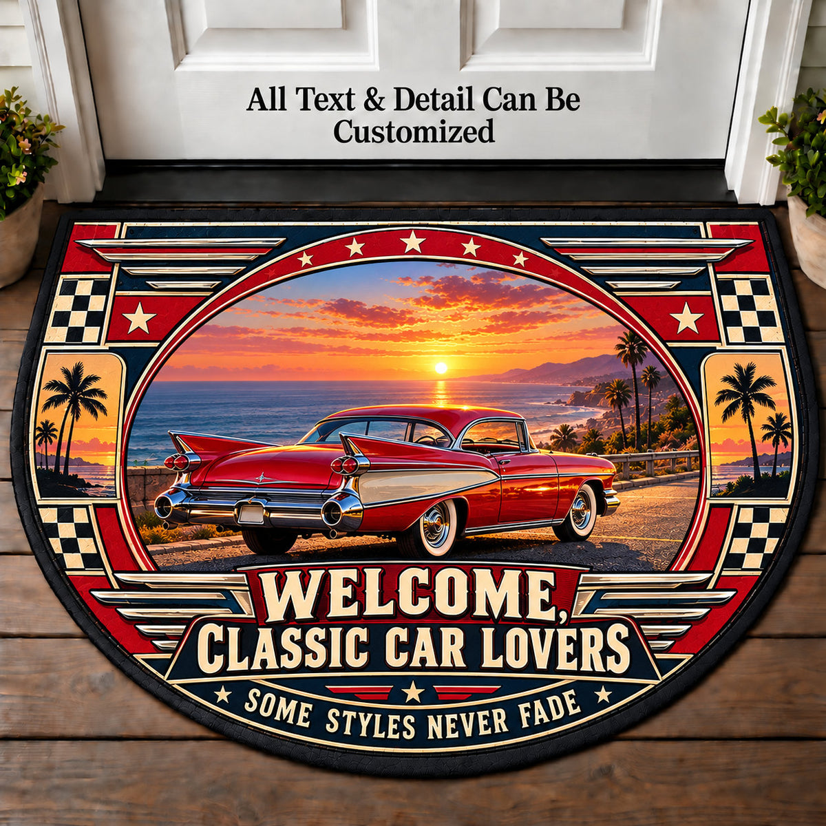 Tailfin Sunset - Classic Car Lovers Personalized Half Round Mat | 5To9Vibe