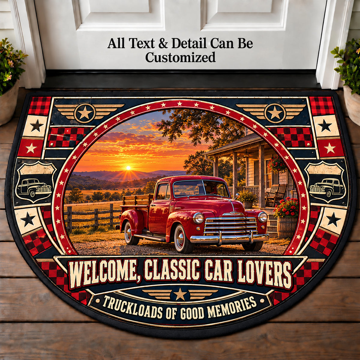Vintage Pickup Porch - Classic Car Lovers Personalized Half Round Mat | 5To9Vibe