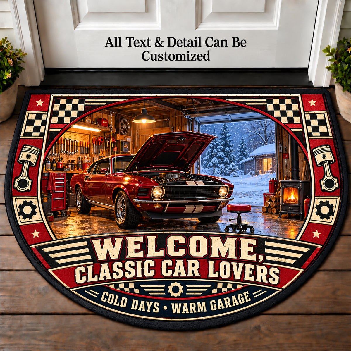 Winter Garage Project - Classic Car Lovers Personalized Half Round Mat | 5To9Vibe