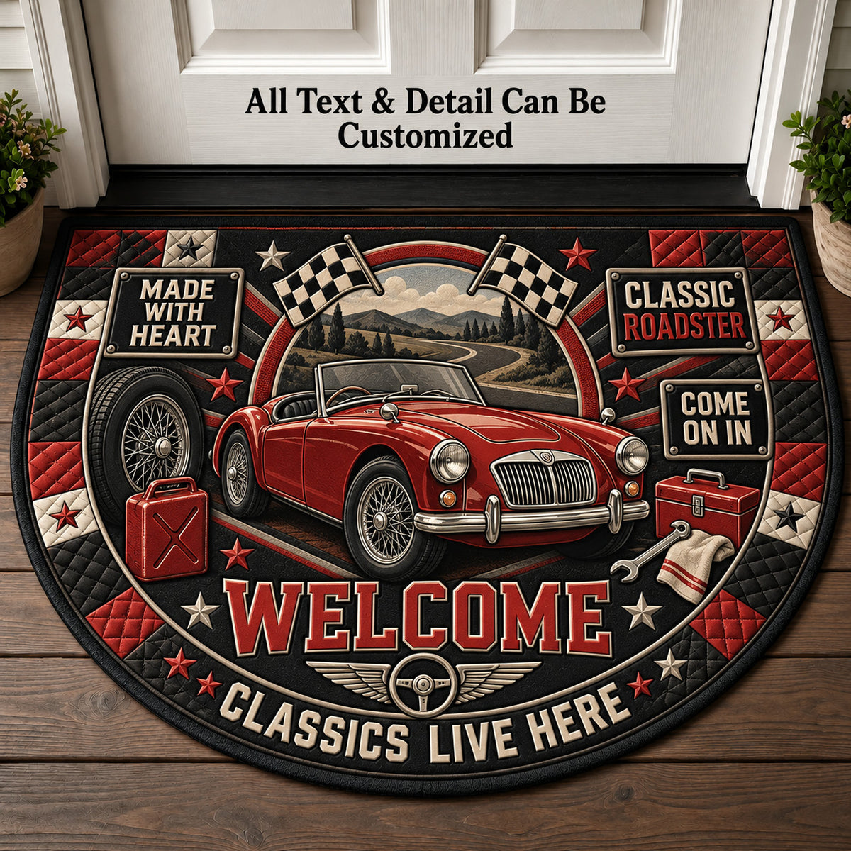 Classic Roadster Personalized Half Round Mat | 5To9Vibe
