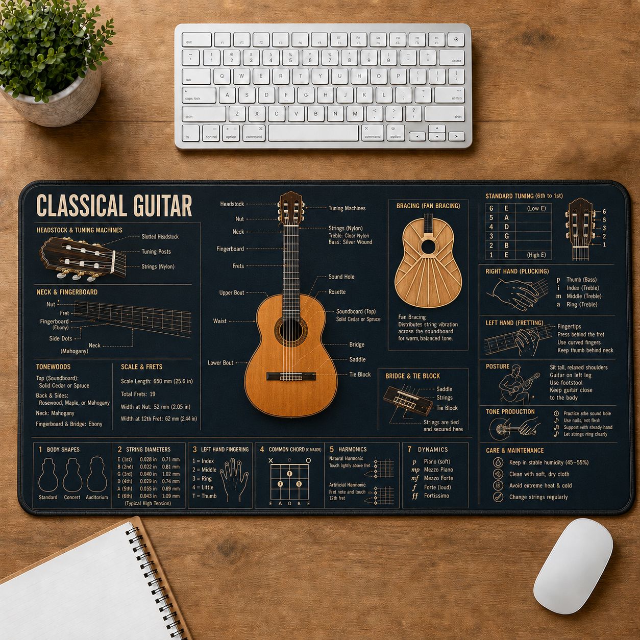 Classical Guitar Musical Instrument Blueprint Guide Desk Mat | 5To9Vibe