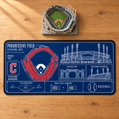 Cleveland Guardians Progressive Field blueprint desk mat, 16" x 32", on a wooden desk with a decorative stadium model