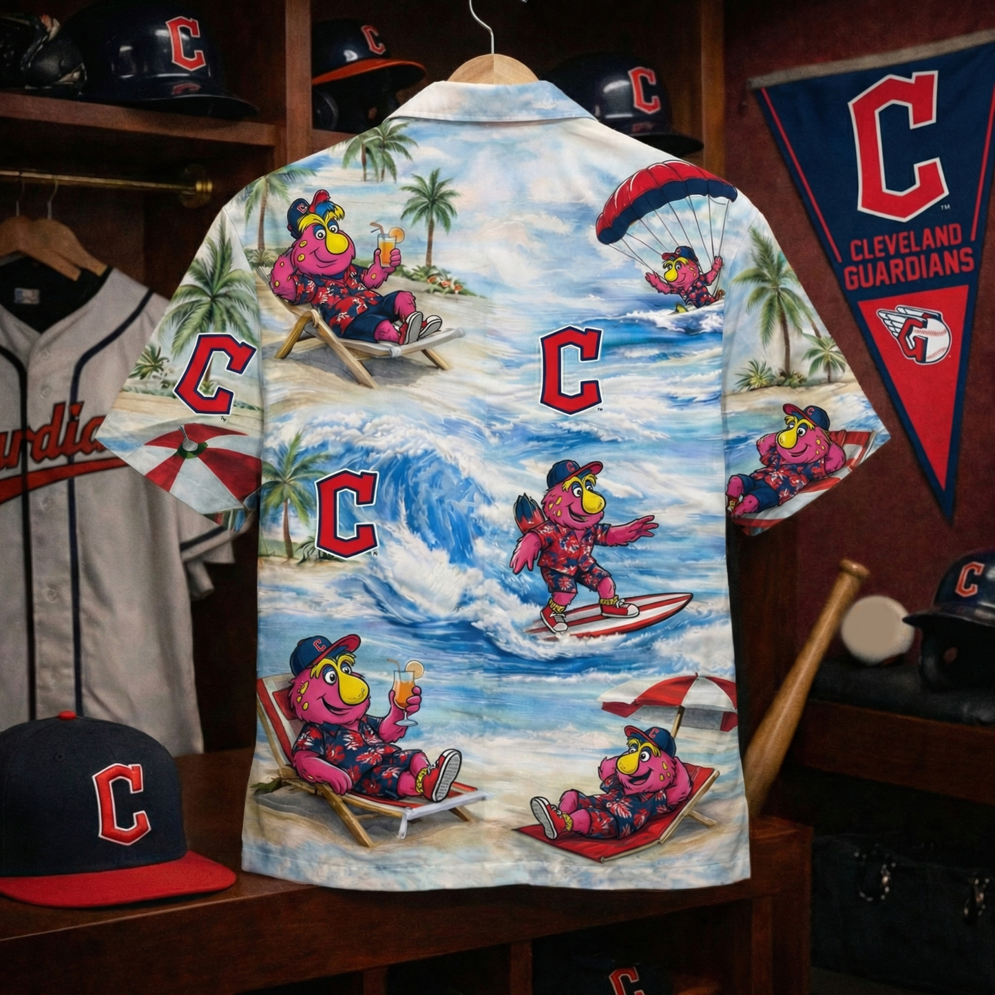 Camisa hawaiana unisex abotonada "Viber" de CG Baseball con mascota de playa para hombre y mujer