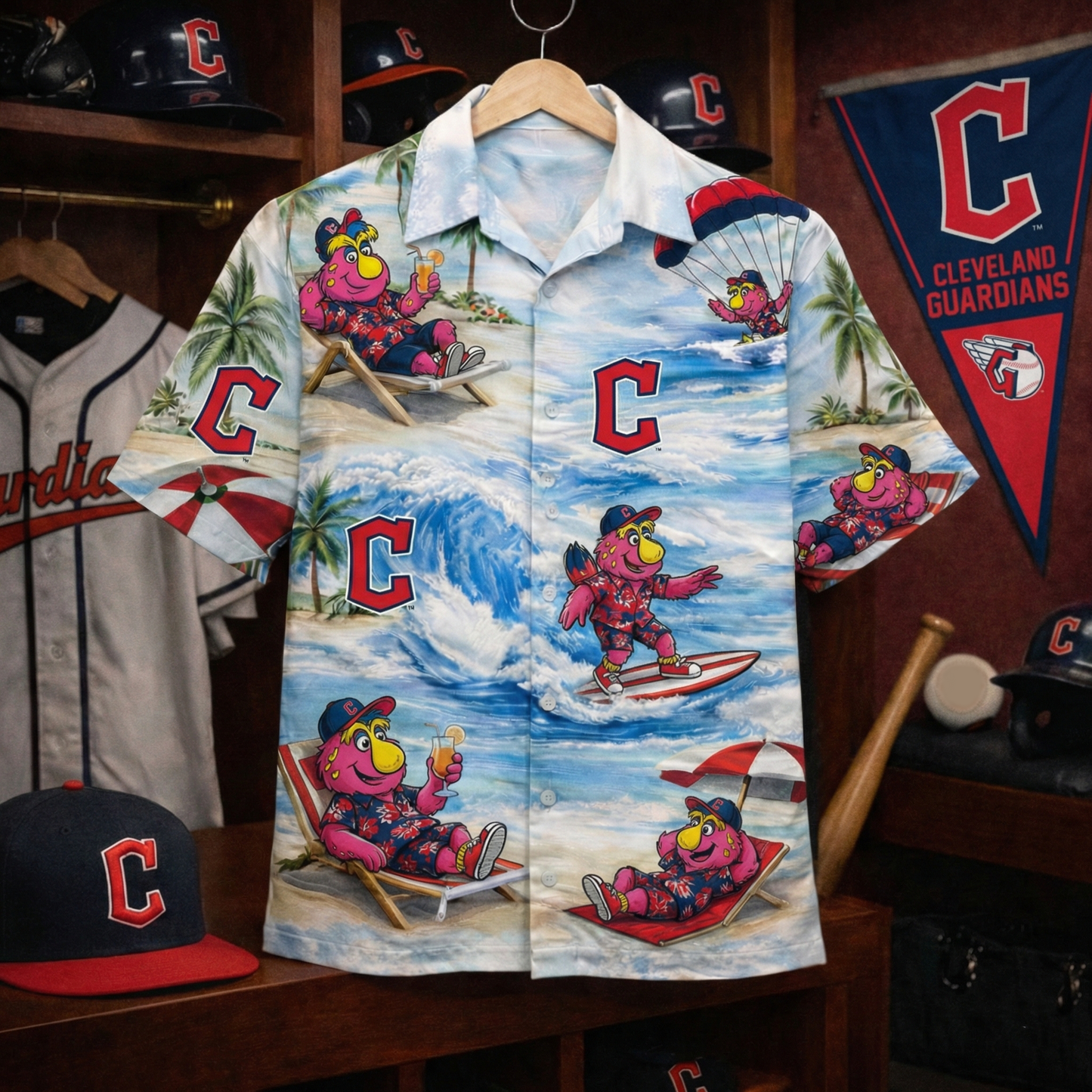Camisa hawaiana unisex abotonada "Viber" de CG Baseball con mascota de playa para hombre y mujer