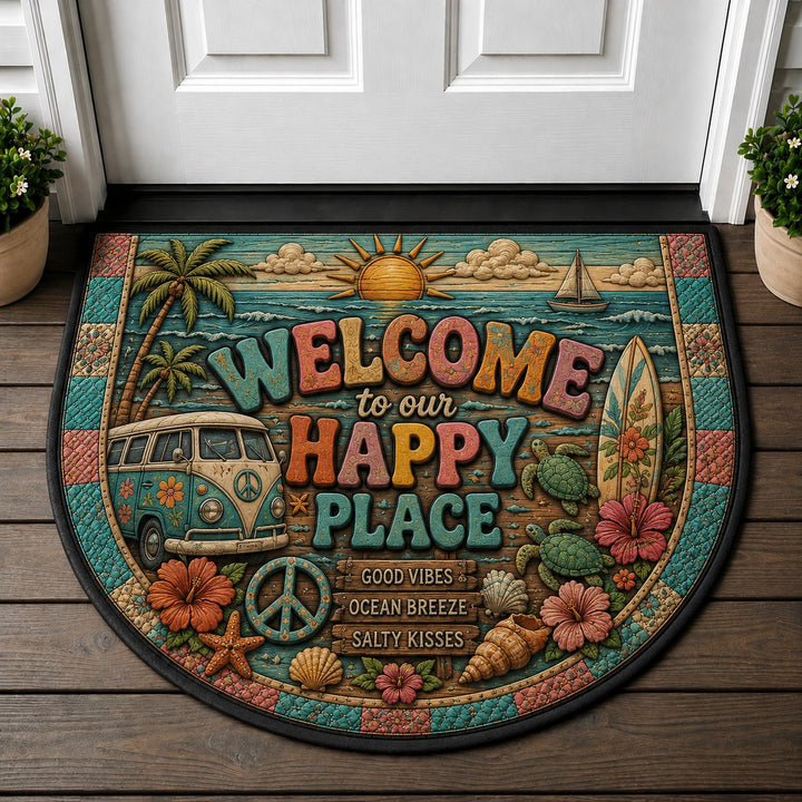 Welcome To Our Happy Place Doormat - Coastal Beach Surf Camper Welcome Mat - 5to9vibe