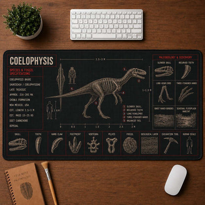 Coelophysis Dinosaur Blueprint Desk Mat | 5To9Vibe