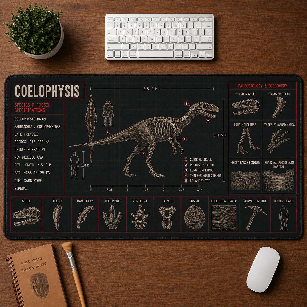 Coelophysis Dinosaur Blueprint Desk Mat | 5To9Vibe