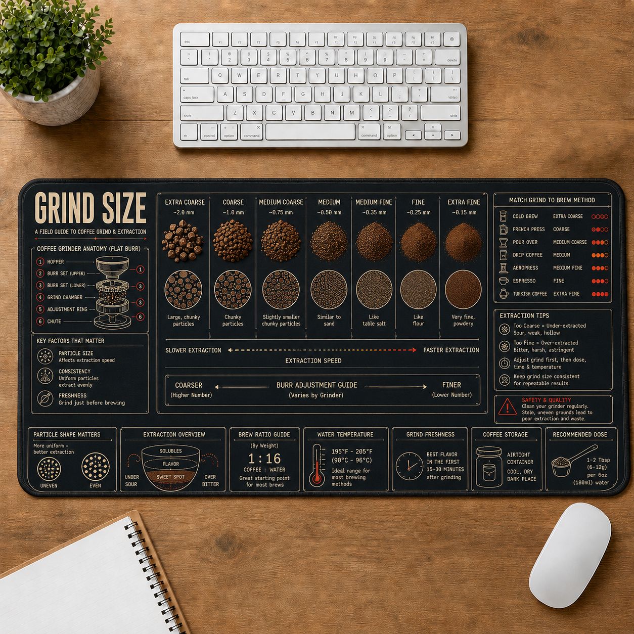 Coffee Grind Size Cooking Technique & Reference Guide Desk Mat | 5To9Vibe