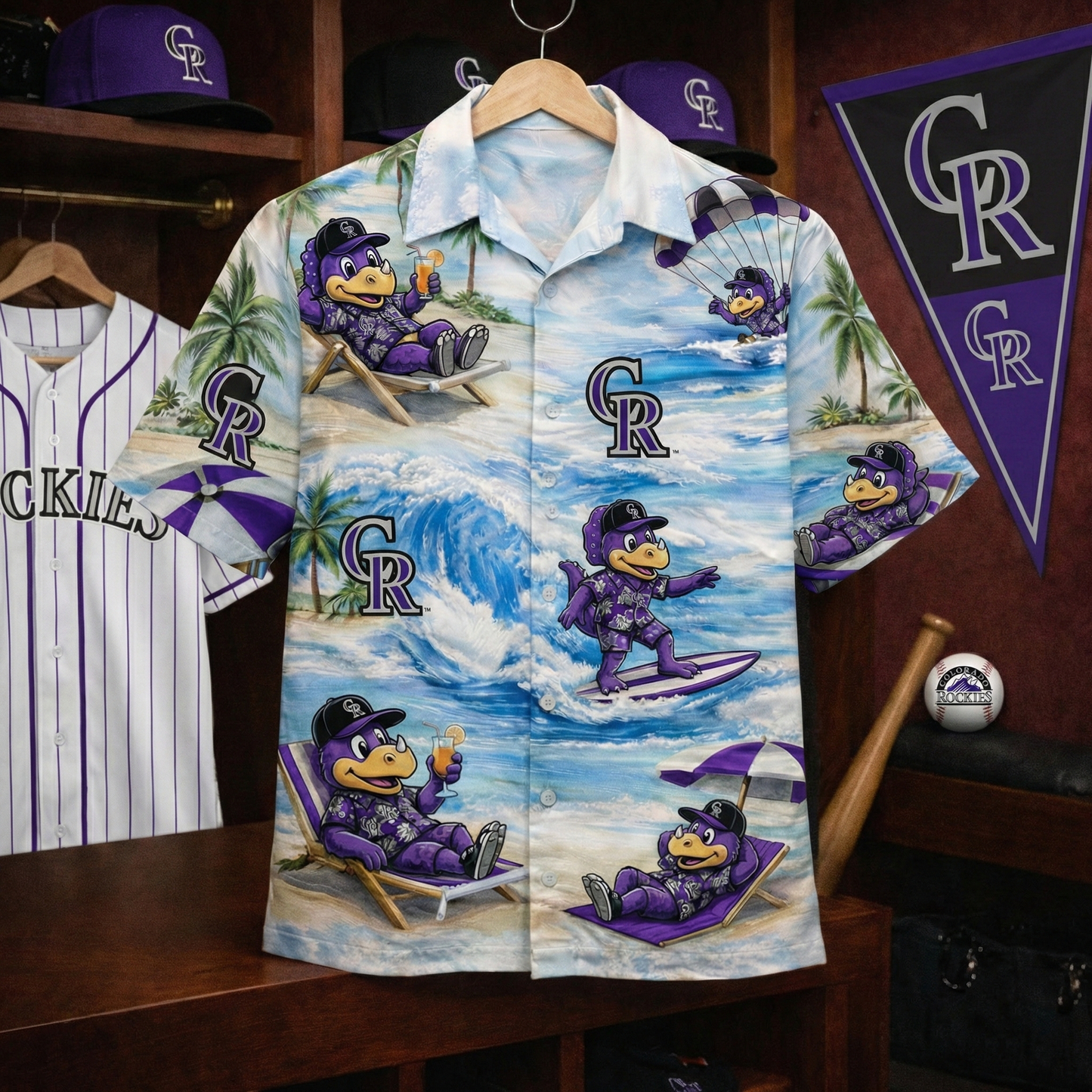 Camisa Hawaiana Unisex con Botones para Hombre y Mujer con el Mascota de los C. Rockies de Béisbol para la Playa