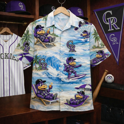 Camisa Hawaiana Unisex con Botones para Hombre y Mujer con el Mascota de los C. Rockies de Béisbol para la Playa