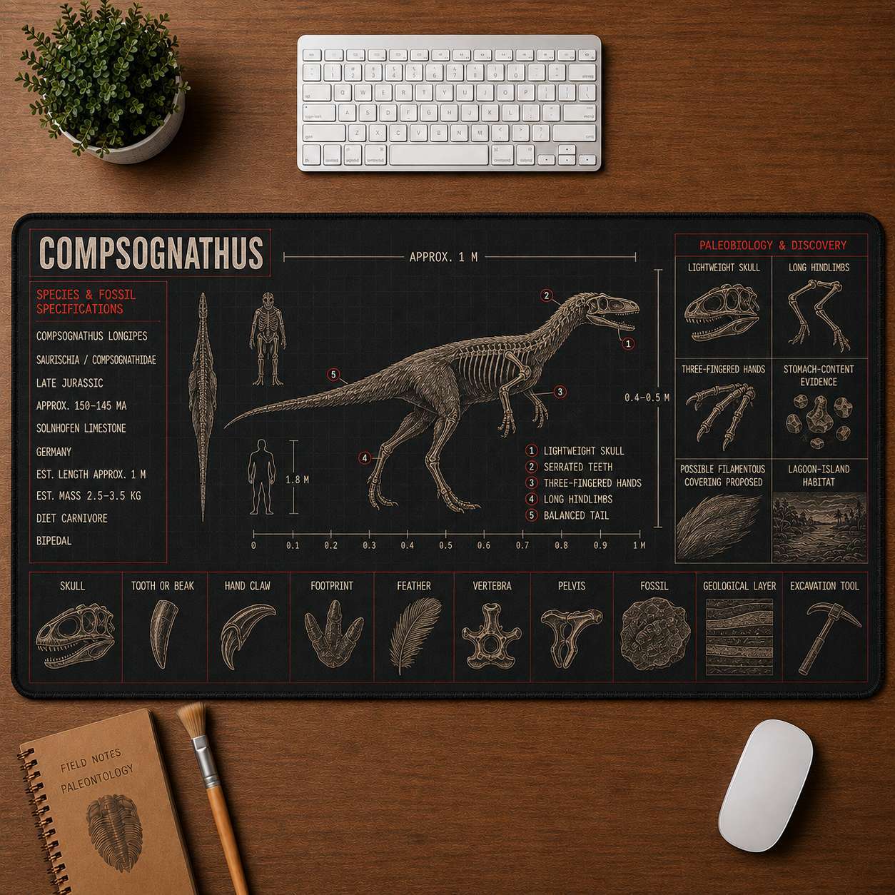 Compsognathus Dinosaur Blueprint Desk Mat | 5To9Vibe