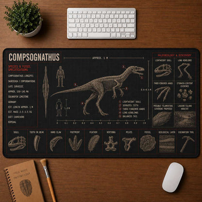 Compsognathus Dinosaur Blueprint Desk Mat | 5To9Vibe