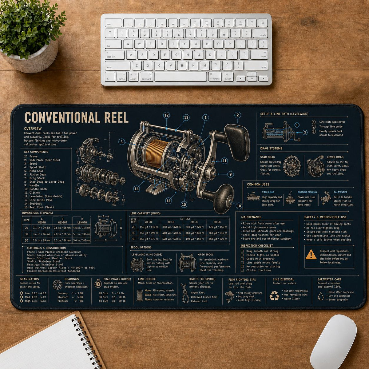Conventional Reel Fishing Field Guide Desk Mat | 5To9Vibe