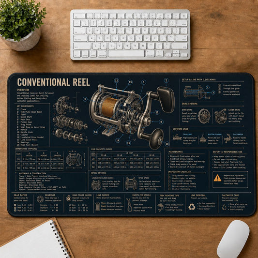 Conventional Reel Fishing Field Guide Desk Mat | 5To9Vibe