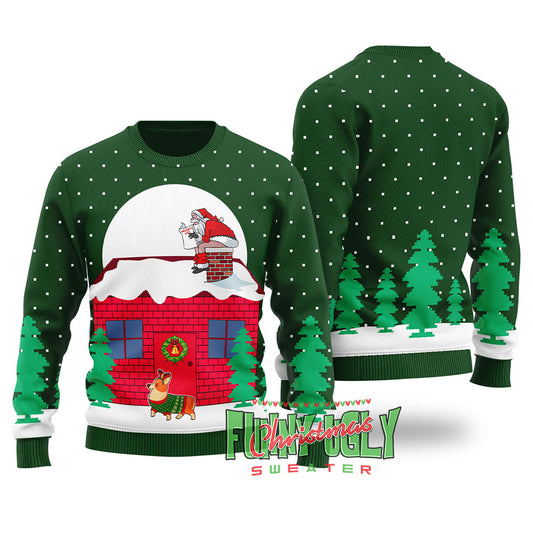 Corgi Christmas Sweater Forest Green