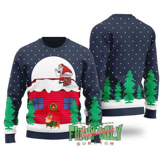 Corgi Christmas Sweater Navy