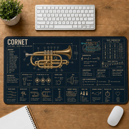 Cornet Musical Instrument Blueprint Guide Desk Mat | 5To9Vibe