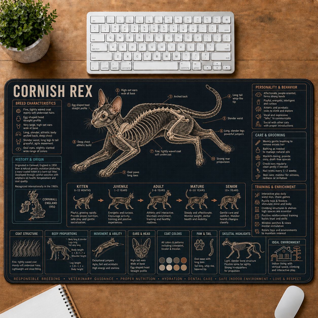 Cornish Rex Cat Breed Desk Mat Anatomy Guide | 5To9Vibe