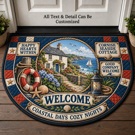 Cornish Seaside Cottage Personalized Half Round Mat | 5To9Vibe