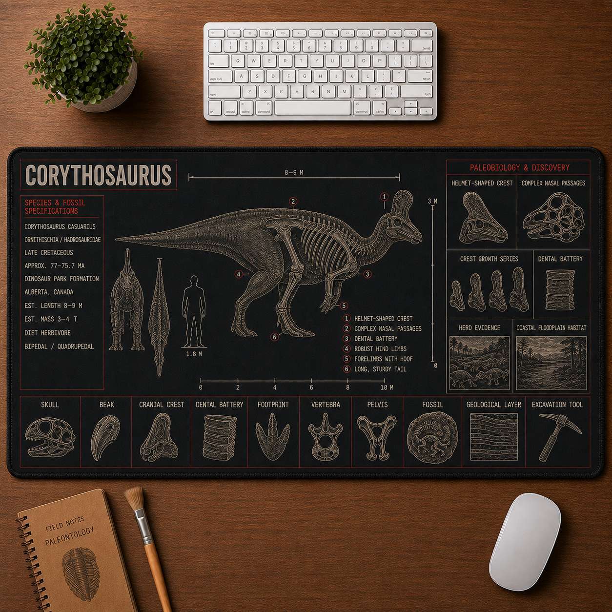 Corythosaurus Dinosaur Blueprint Desk Mat | 5To9Vibe